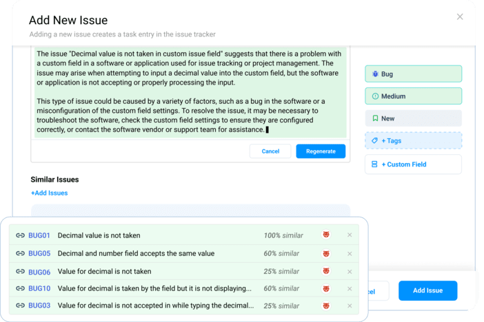 Find similar issues with a percentage match to avoid duplication and explore fixes